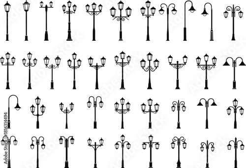 Vintage and modern street lamp silhouettes set, decorative lantern pole icons, urban lighting elements, classic lamp post collection, vector illustration for design