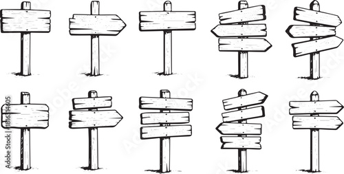 Collection of rustic wooden signposts hand-drawn vector illustrations for navigation direction and wayfinding