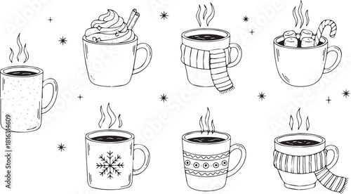 Collection of hand-drawn winter drink mugs cozy beverage illustrations for holiday designs background