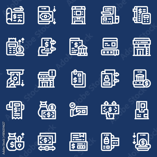 Vector collection of finance and money-related icons. Thin line symbols for banking, payment methods, currency exchange, and financial operations