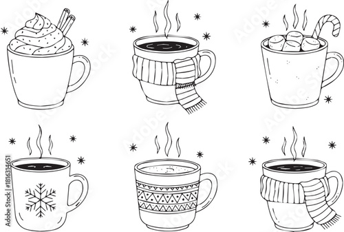 Hand-drawn set of winter beverage mugs including hot chocolate and coffee vector line art for holiday designs and menus