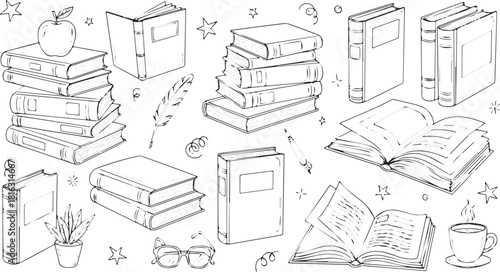 Collection of hand-drawn books stacked and open with apple glasses and coffee cup vector illustration for education and reading concepts