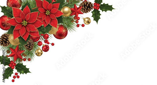 Christmas Corner Decoration with Poinsettia, Pinecones, Holly Leaves and Red-Gold Ornaments Illustration