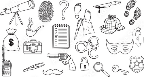 Detective and mystery solving icon set hand-drawn vector illustration for crime investigation background