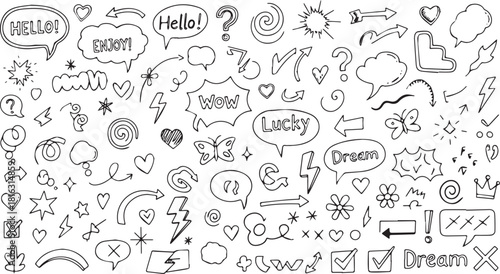 Hand-drawn doodle elements speech bubbles arrows and decorative symbols vector illustration for design and creative projects
