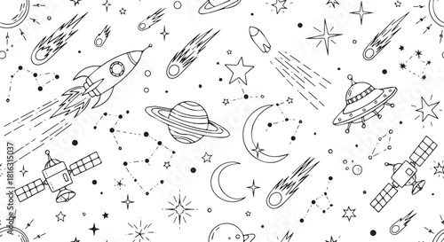 Hand-drawn space pattern with planets stars and rockets seamless vector illustration for textile design wrapping paper and backgrounds