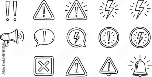 Hand-drawn alert and warning icons simple line art vector symbols for attention danger and notification messages background