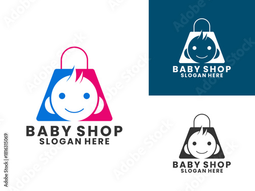 Baby head combination with shopping bag logo design vector template. Baby clothing logo design vector template