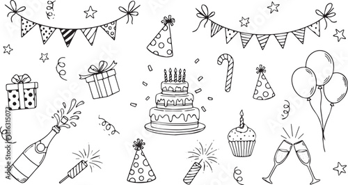 Hand-drawn birthday party elements including cake gifts and decorations vector illustration for greeting cards and invitations