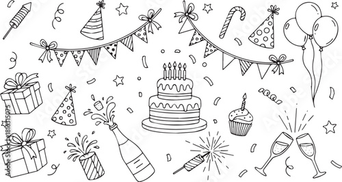 Hand-drawn doodle set of birthday party elements including cake gifts and decorations vector illustration for greeting cards and invitations