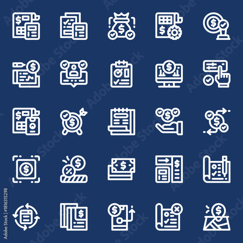 Financial analytics and business strategy icons for finance and accounting, demonstrating data analysis and planning