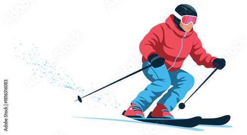 Skier on Winter Slope, Full Safety Gear, Skiing Activity with Pandemic Safety Measures in Cold Weather