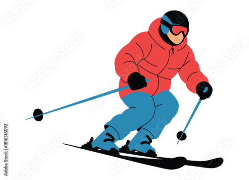 Stylized Winter Sports, Illustration of a Skier Descending a Slope in Full Gear, Following Safety Measures During Pandemic Season