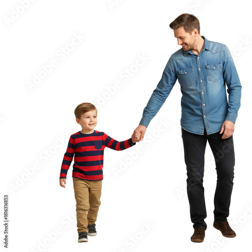 Dad and son holding hands isolated on transparent or white background, png