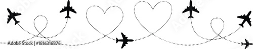 Airplane heart trail illustration, romantic flight path design, travel love concept artwork, aviation dotted line drawing, Valentine travel graphic