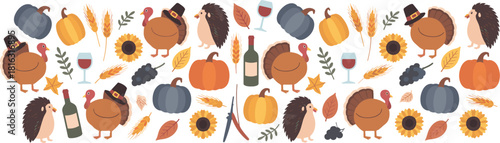 Thanksgiving pixel art pattern with turkeys pumpkins and hedgehogs