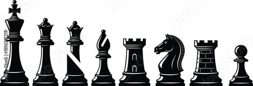Chess pieces illustration set, classic black strategy icons, king queen rook bishop knight pawn design, board game silhouette artwork