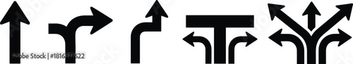 Direction arrow icons set, road navigation symbols, multiple path choices illustration, traffic guidance arrows, decision-making route sign graphics