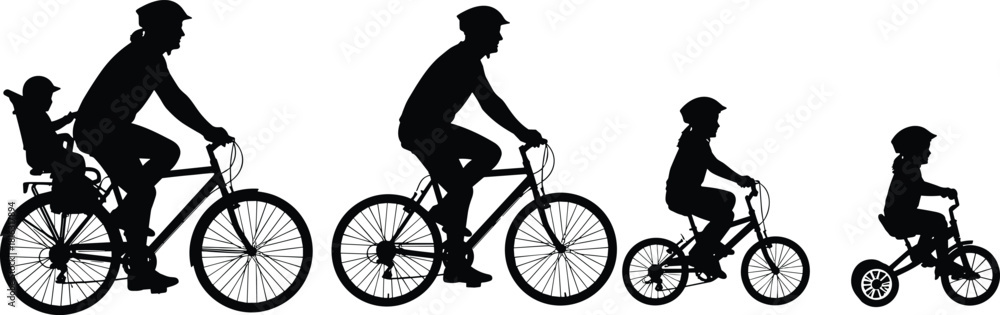 Fototapeta premium Family riding bicycles silhouette, parents and children cycling together, outdoor activity illustration, healthy lifestyle concept, bike riding vector art