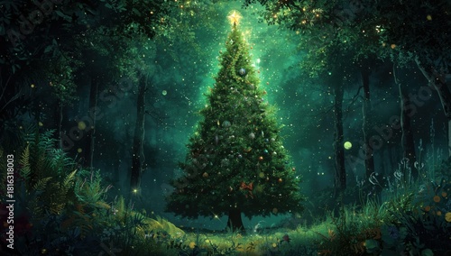 Christmas tree adorned with decorations in enchanted forest setting  