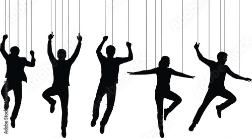 Human puppets silhouette concept, controlled people on strings illustration, manipulation metaphor artwork, marionette figure design, psychological control graphic
