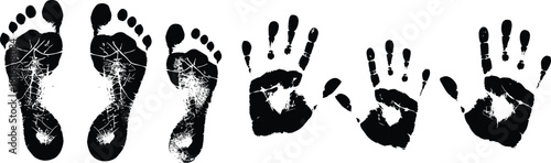 Handprints and footprints silhouette, grunge ink stamp effect, human foot and hand marks, abstract print set, textured vector illustration