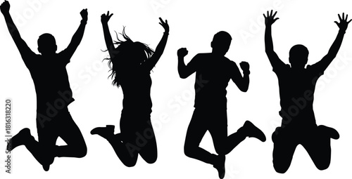 Jumping people silhouettes, energetic group celebrating, happy crowd in mid-air, joyful expression illustration, active lifestyle vector artwork