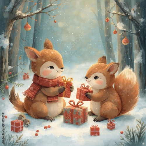 Two cute squirrels exchanging gifts in snowy forest setting  