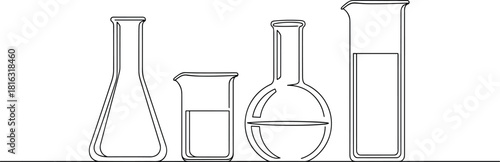 Laboratory glassware line art, chemistry beakers and flasks, science equipment illustration, minimal outline design, lab containers vector graphic