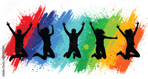 Jumping people silhouettes on colorful paint splashes, vibrant celebration illustration, energetic crowd artwork, youth freedom concept design