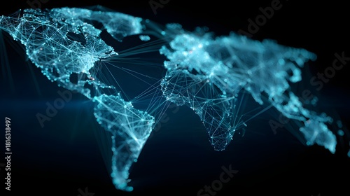 Fototapeta Naklejka Na Ścianę i Meble -  Digital world map with glowing blue network connections on a dark background representing global communication.