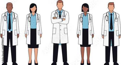 Medical doctor team illustration, diverse healthcare professionals in lab coats, clinical staff group, hospital workforce graphic, modern medical people