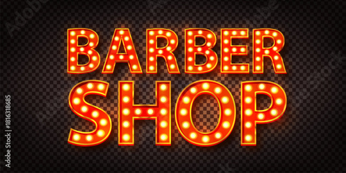 Vector neon marquee sign of Barbershop text isolated on transparent background.