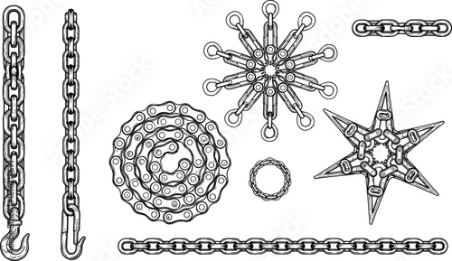Metal chain set illustration, industrial linked chains collection, decorative chain shapes and patterns, mechanical steel links design elements artwork