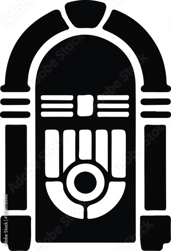 Retro jukebox icon for vintage music themes, Black-and-white vector illustration of a classic jukebox, symbolizing retro music, nostalgia, vintage entertainment, and old-fashioned audio culture.

