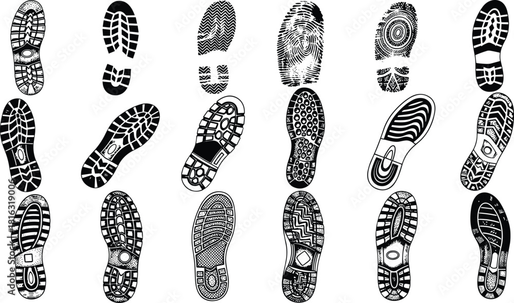 Fototapeta premium Shoe sole print collection, diverse footwear tread patterns, detailed footprint designs, grunge shoe marks, textured sole vector illustration set
