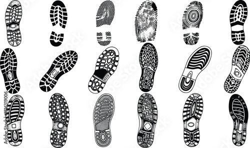 Shoe sole print collection, diverse footwear tread patterns, detailed footprint designs, grunge shoe marks, textured sole vector illustration set
