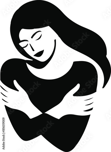Woman hugging herself in self-love silhouette, Black-and-white vector silhouette of a woman embracing herself, symbolizing self-love, comfort, emotional healing, mental wellness, and inner peace.

