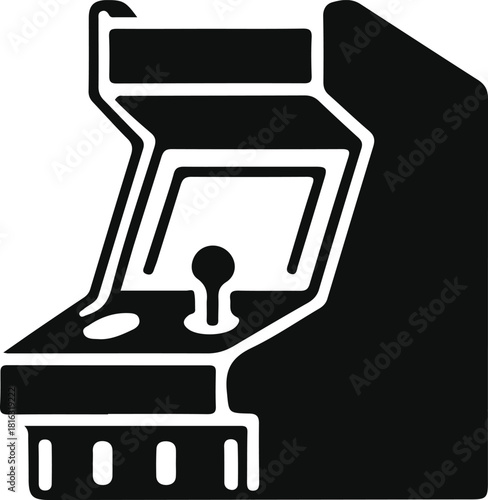 Retro arcade machine icon with joystick, Black-and-white vector illustration of a classic arcade game cabinet featuring a joystick and buttons, symbolizing retro gaming, nostalgia, and entertainment.
