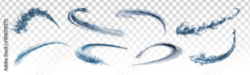 Vector set of ice swoosh effect with frost and snowflakes isolated on transparent background.