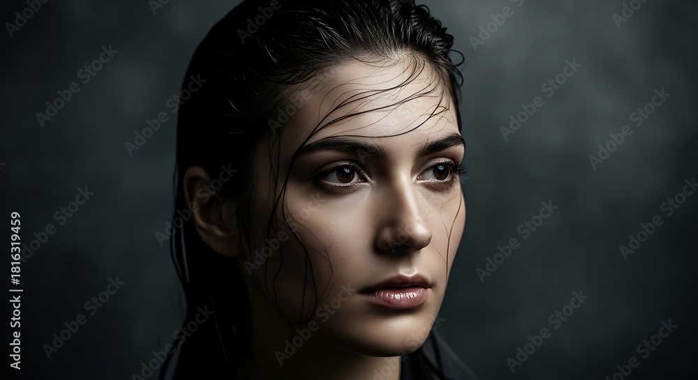 Fototapeta premium Serene Portrait of a Young Woman with Dark Hair and Intense Gaze