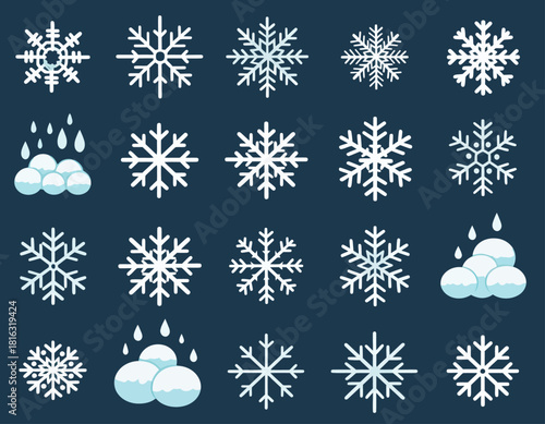 Winter Snowflake Icon Set – Frosty Crystals and Snowball Elements