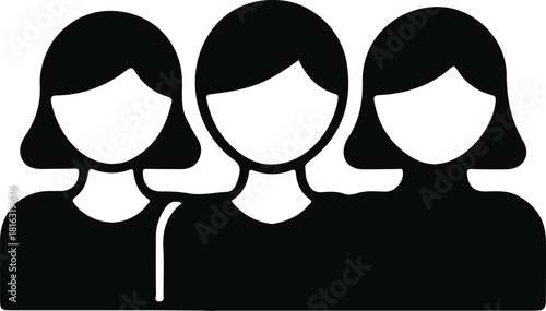 Female group icon for community teamwork, Simple black-and-white illustration showing three women standing together, symbolizing unity, teamwork, community support, and collaborative groups for digit

