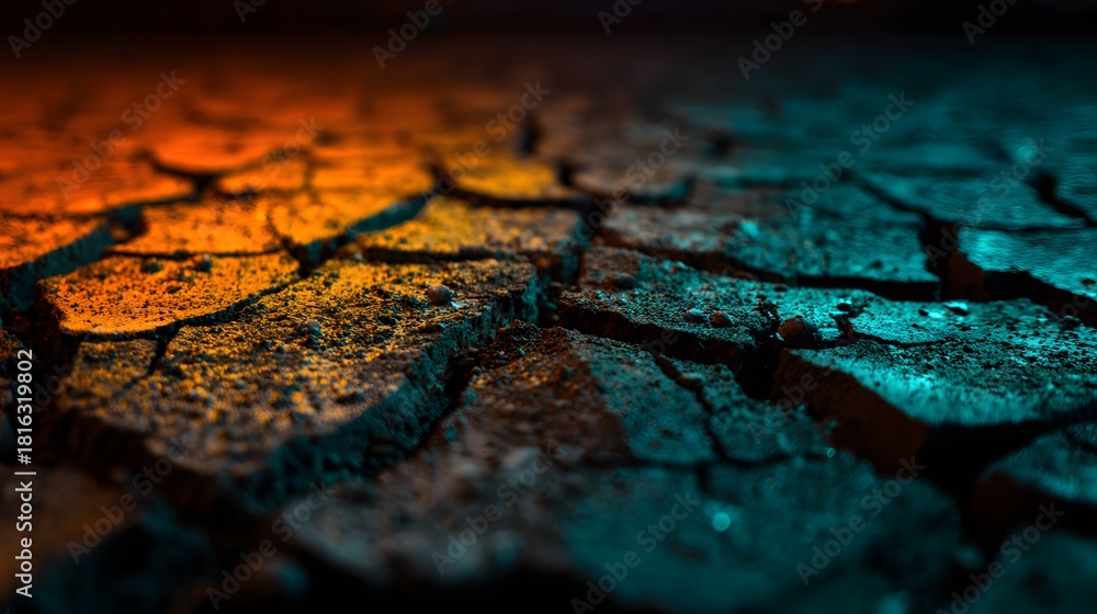 Naklejka premium Dramatic close up of a cracked textured surface with contrasting orange and blue lighting.