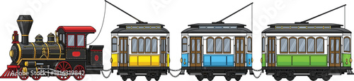 Vintage steam locomotive with colorful trolley cars, classic retro train illustration, historic transportation artwork, old-fashioned railway vehicle design
