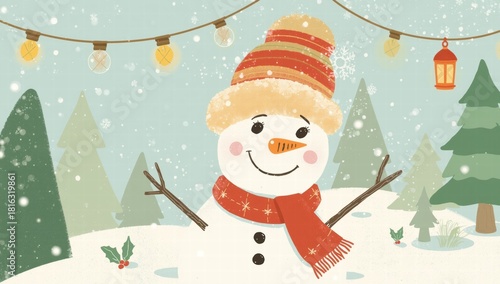 Cheerful snowman with hat and scarf in snowy winter landscape  
