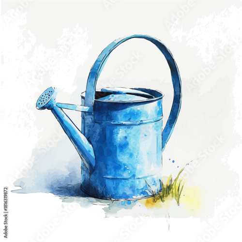 Watercolor_style_painting_of_a_blue_watering_can_on_a_white, Hand-painted watercolor design, vectorized, painting style, vector set available in EPS format