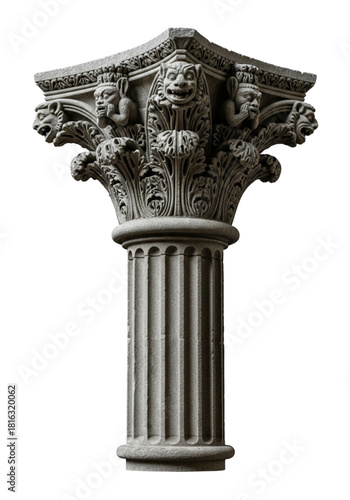 Medieval stone column capital with grotesque faces. cutout on transparent background
