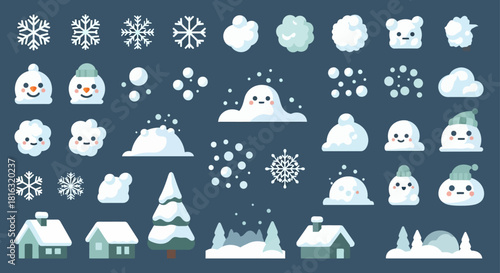Cute Winter Snow Icon Set – Snowflakes, Snow Characters, Village Elements