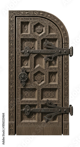 Ornate carved wooden Gothic church door with iron hinges. cutout on transparent background